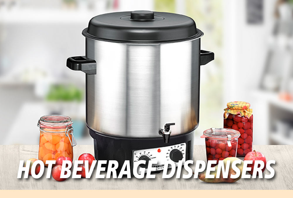 A large silver hot beverage dispenser with a spout, surrounded by jars of preserved fruit. The text in the image reads: “HOT BEVERAGE DISPENSERS”.