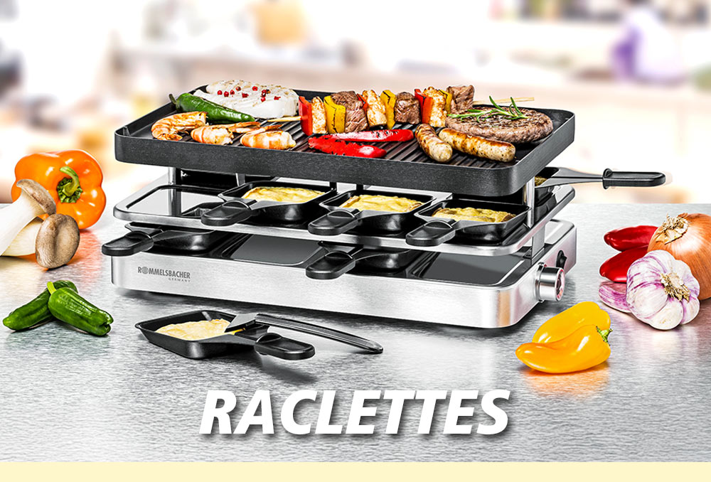 A raclette grill with a hot grill plate holding sausages, skewers, and vegetables. Below it, small pans with melted cheese. The text in the image reads: “RACLETTES”.
