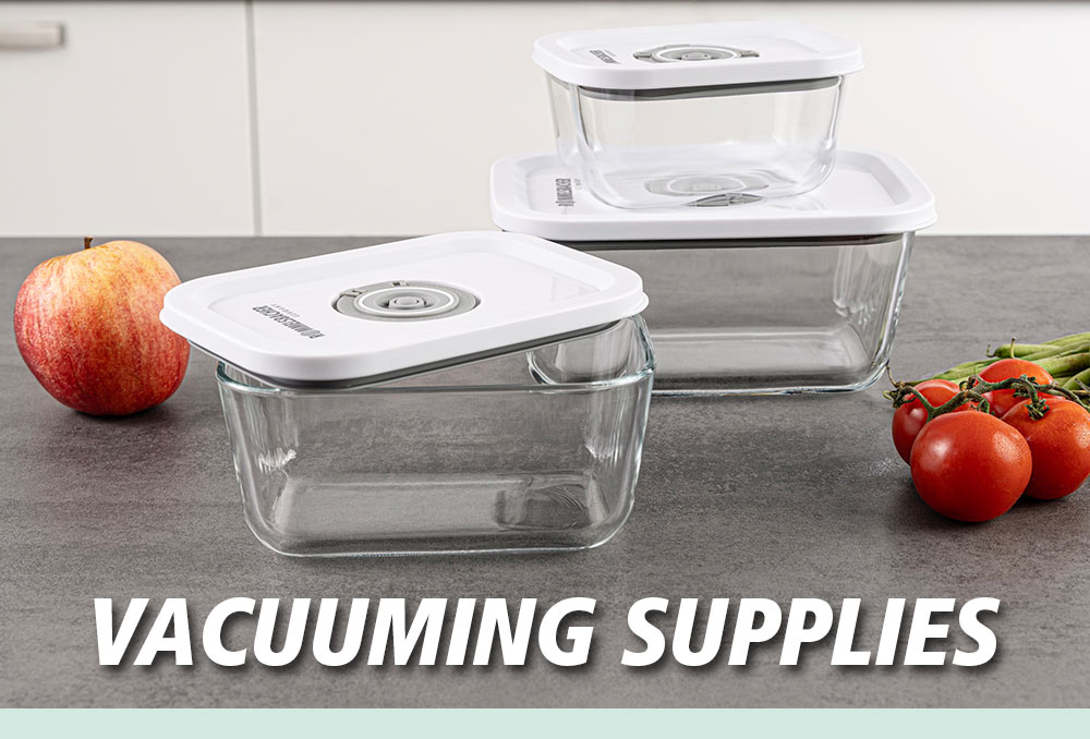 Three rectangular vacuum containers made of glass with white lids, surrounded by fresh fruits and vegetables like an apple and tomatoes. The image features white text that reads: “VACUUMING SUPPLIES”.
