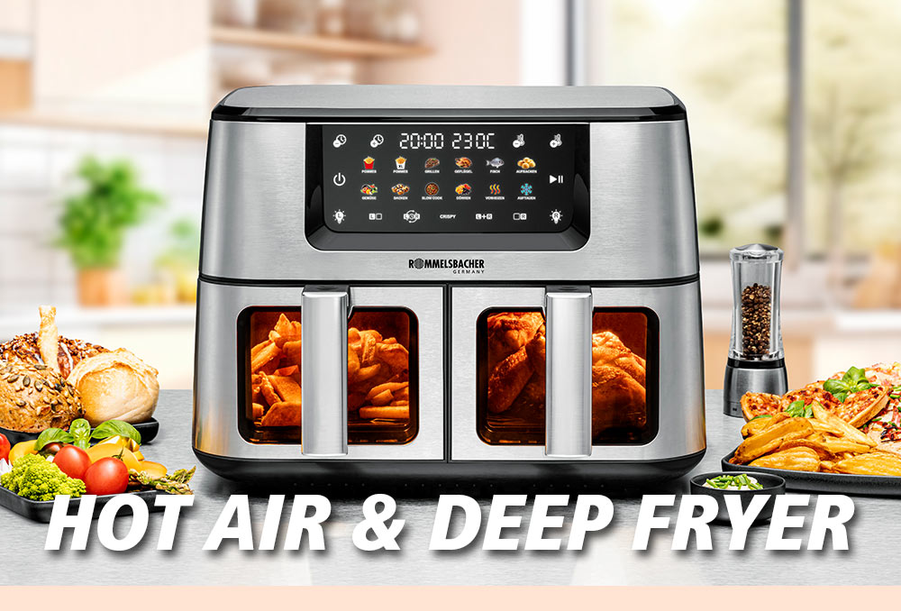 Hot air fryer with two viewing windows and touchscreen display, filled with French fries and chicken wings. Surrounded by side dishes like bread, vegetables and fries. The image shows the white text: “HOT AIR & DEEP FRYERS”.