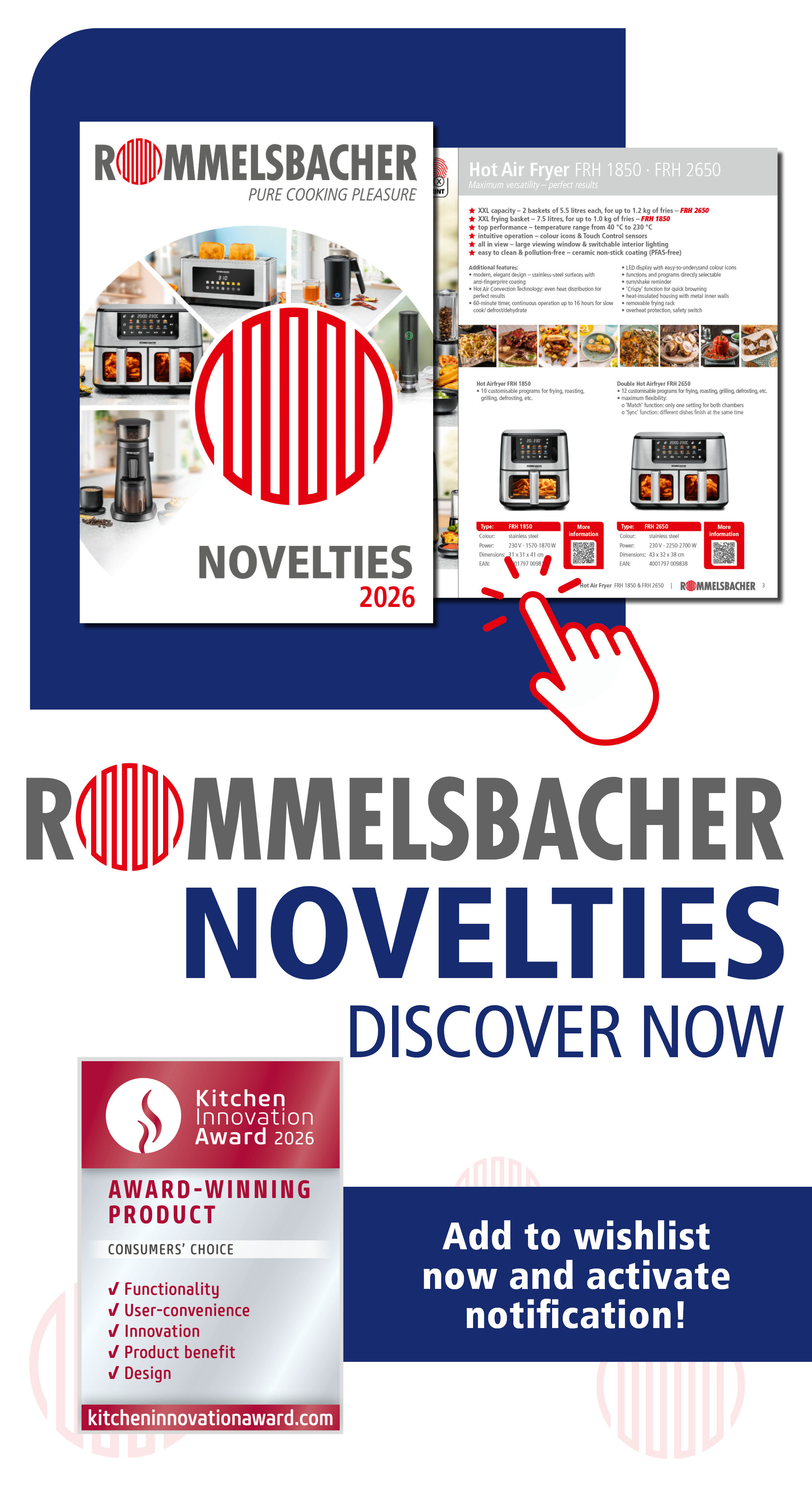 Rommelsbacher logo, “Novelties Discover Now” headline and cover of “Novelties 2026” magazine. Next to it, a “Kitchen Innovation Award 2026” badge and a clickable hand symbol linking to the magazine. Note: "Add to wishlist now and activate notification!".