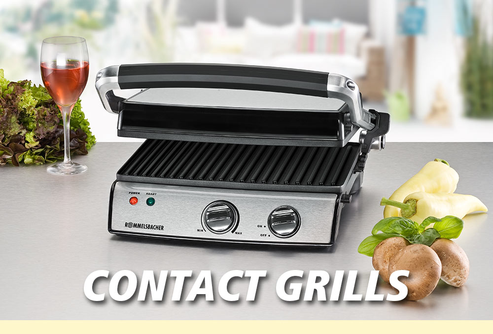 An open stainless steel contact grill with ridged plates, next to it wine, lettuce, bell pepper, and mushrooms. The text in the image reads: “CONTACT GRILLS”.