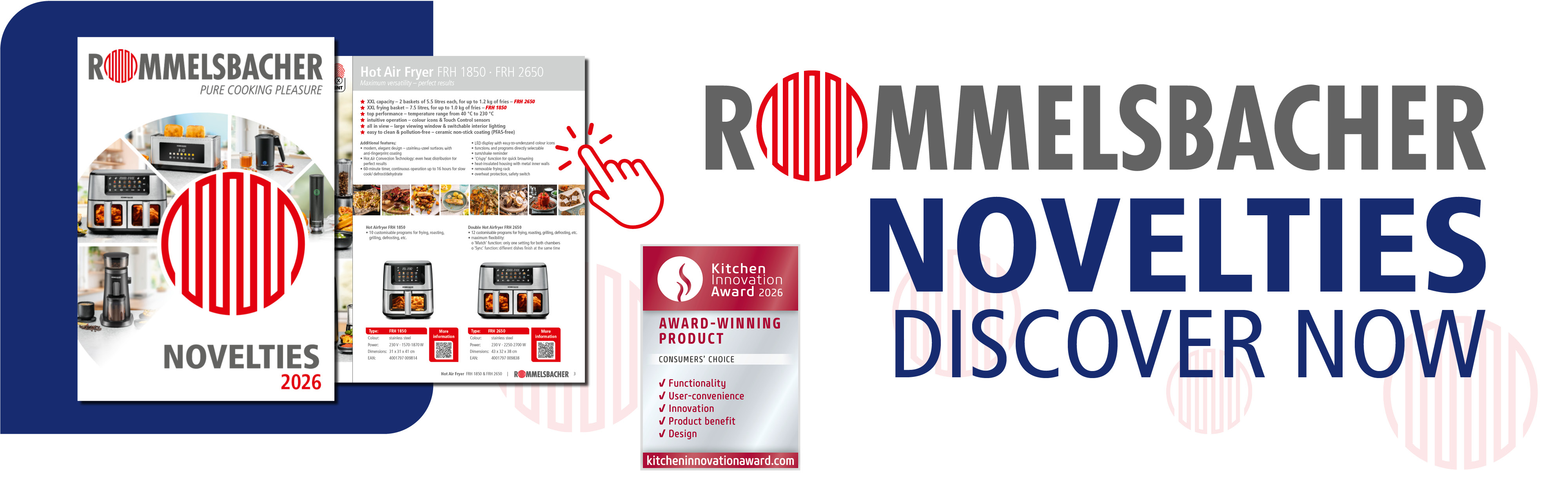 Rommelsbacher logo, “Novelties Discover Now” headline and cover of “Novelties 2026” magazine. Next to it, a “Kitchen Innovation Award 2026” badge and a clickable hand symbol linking to the magazine.