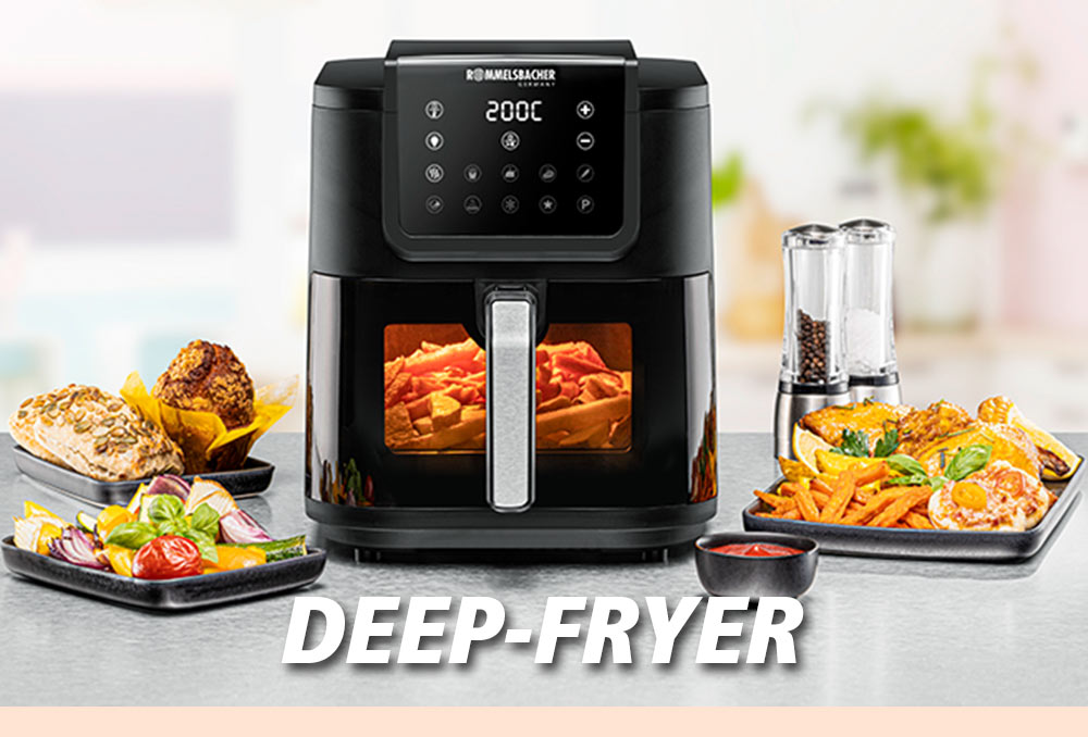A black air fryer with digital display, surrounded by fries, chicken wings, vegetables and dips. The text in the image reads: “DEEP FRYER”.