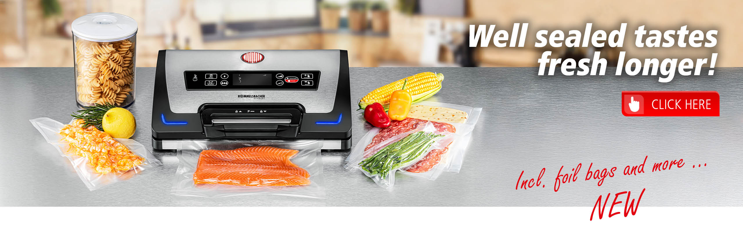 Website slider featuring the Rommelsbacher vacuum sealer VAC 585 in the center. Surrounded by vacuum-sealed foods like salmon, sausage, vegetables, and a jar of pasta. Text reads: “Well sealed stays fresh longer!”, plus note: “New – incl. foil bags”.