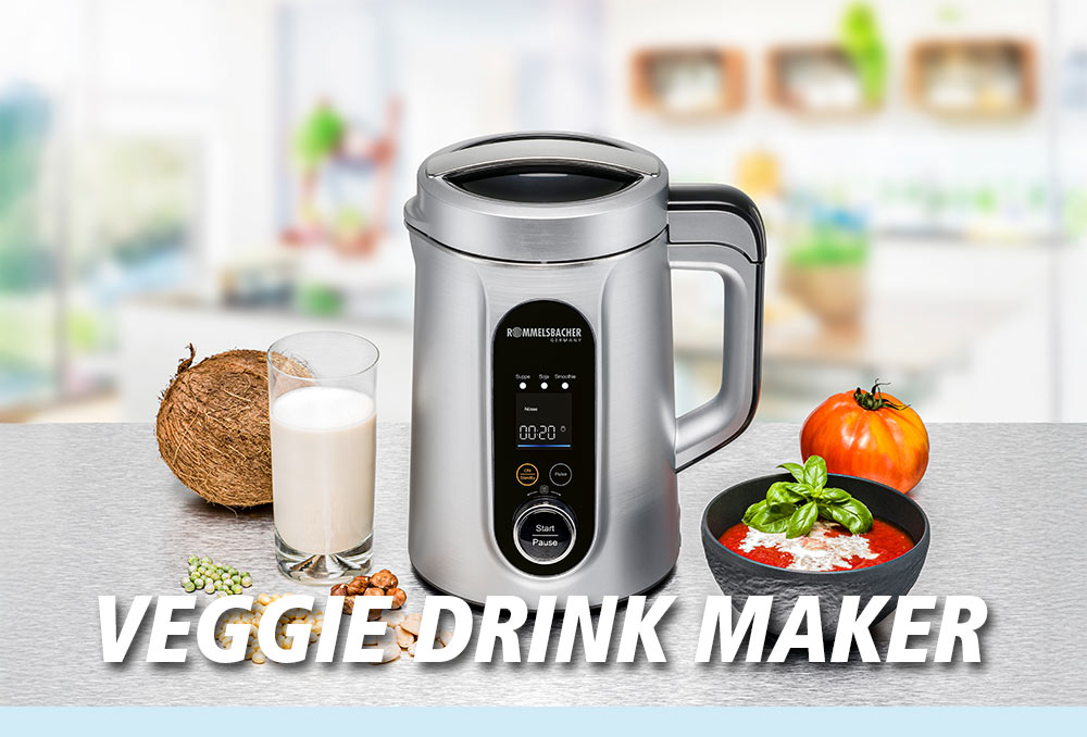 A silver veggie drink maker with a digital display. Next to it are a glass of plant-based milk, a coconut, peas, almonds, and a bowl of tomato soup. The text in the image reads: “VEGGIE DRINK MAKER”.