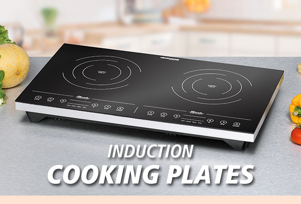 A black induction cooking plate with two round cooking zones and touch control panel. The text in the image reads: “INDUCTION COOKING PLATES”.