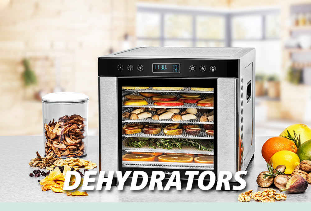 A silver dehydrator with multiple trays filled with dried fruit, vegetables, and herbs. Next to it is a selection of fresh fruit and nuts. The text in the image reads: “DEHYDRATORS”.