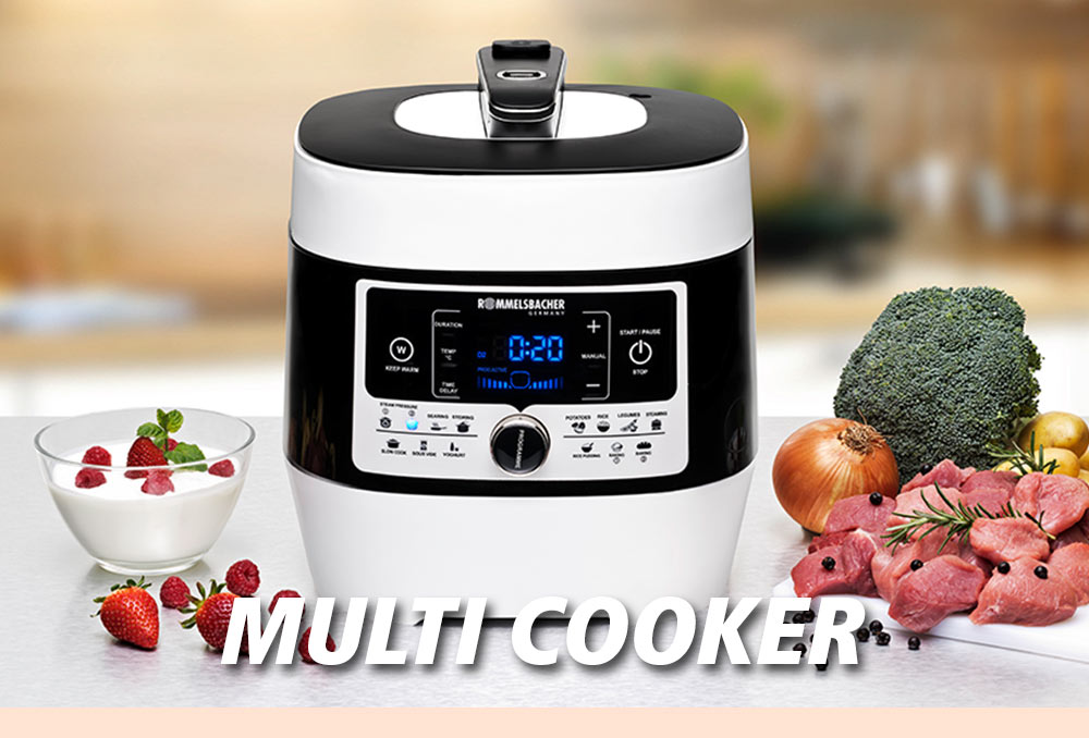 A black and white multi cooker with a digital display and control panel on the front. Next to it are a bowl of yogurt with strawberries, fresh vegetables, and raw meat. The text in the image reads: “MULTI COOKER”.