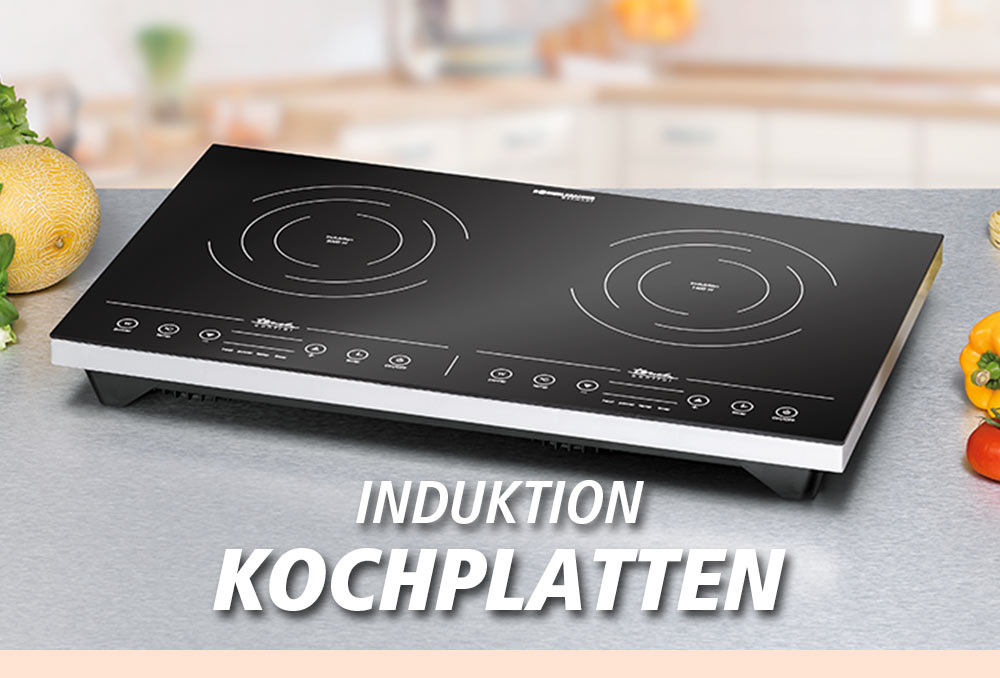 Ein schwarzes Induktionskochfeld mit zwei runden Kochfeldern und Touch-Bedienfeld. Im Bild steht in weißer Schrift: „INDUKTION KOCHPLATTEN“.