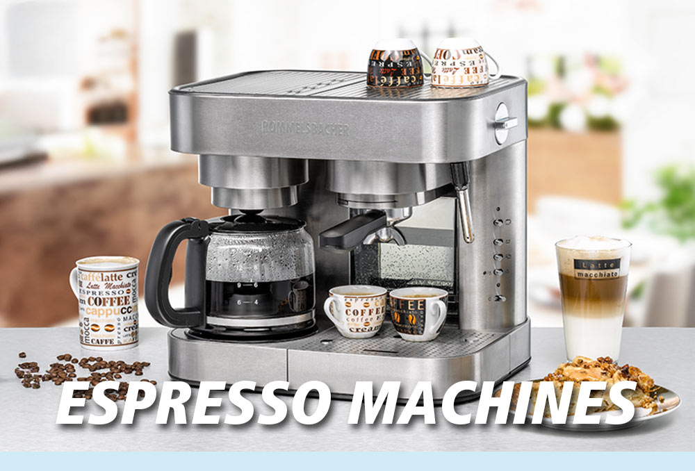 A silver espresso machine with several coffee cups, including latte and espresso, next to coffee beans and a cookie. The text in the image reads: “ESPRESSO MACHINES”.