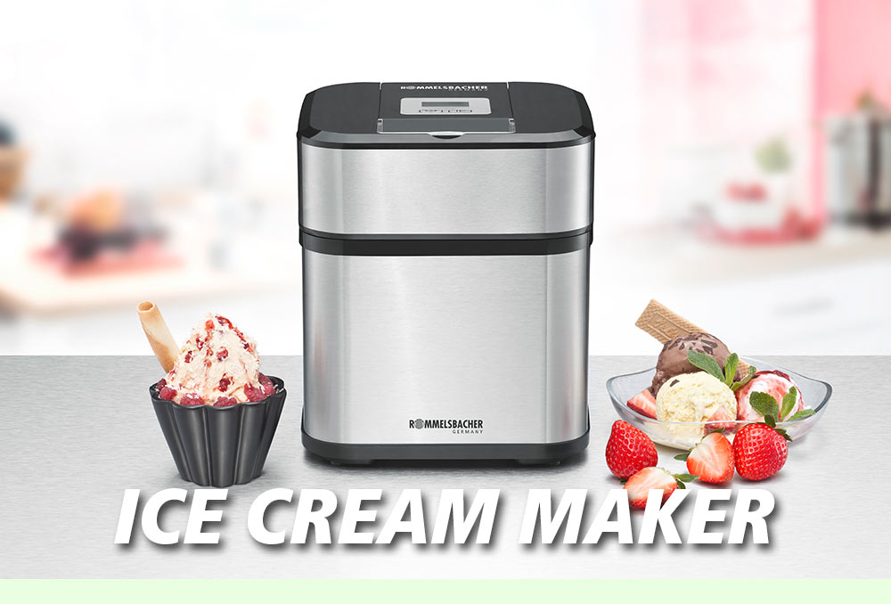 A silver ice cream maker with two bowls of various ice cream flavors, garnished with strawberries, wafers, and chocolate. The text in the image reads: “ICE CREAM MAKER”.
