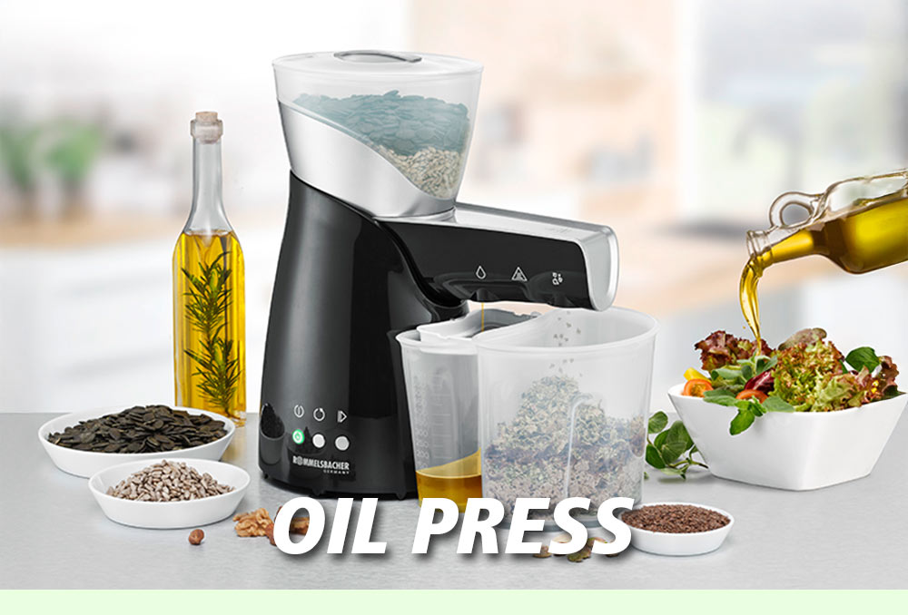 A black oil press with a transparent container holding various seeds such as sunflower, flax, and pumpkin seeds. On the right, fresh oil is poured into a bowl. The text in the image reads: “OIL PRESS”.