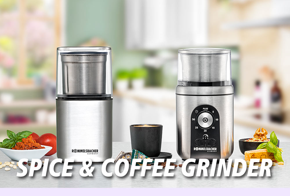 Two silver spice or coffee grinders with grinding mechanisms, next to herbs, spices, and an espresso cup. The text in the image reads: “SPICE & COFFEE GRINDER”.