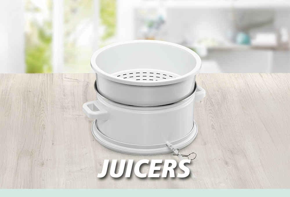 A white juicer made of two stackable parts with a drainage hose, placed on a light wooden table. The text in the image reads: “JUICERS”.