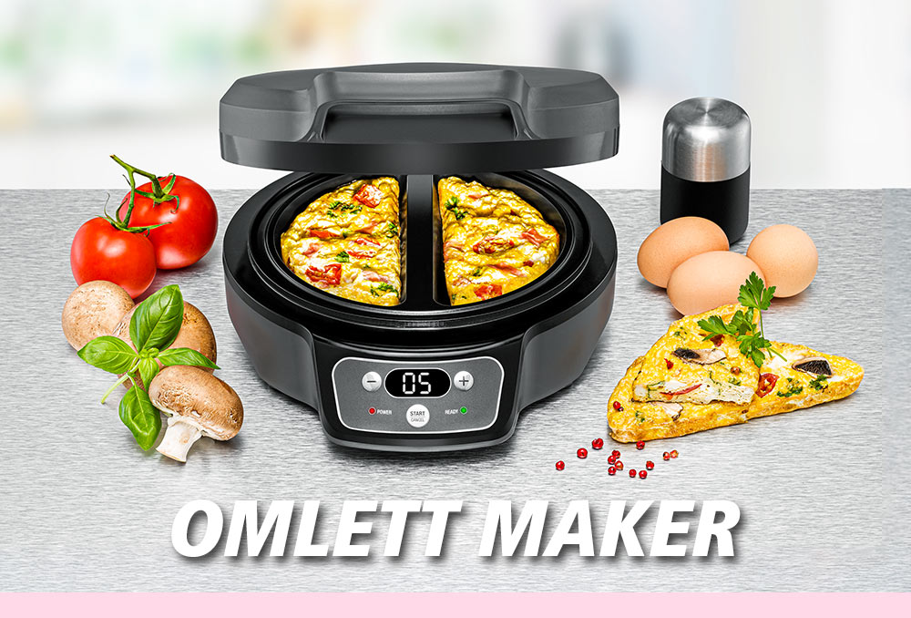 A black omelette maker with open lid containing two golden brown omelettes. Next to it are fresh ingredients such as eggs, mushrooms, tomatoes, and herbs. The text in the image reads: “OMELETT MAKER”.