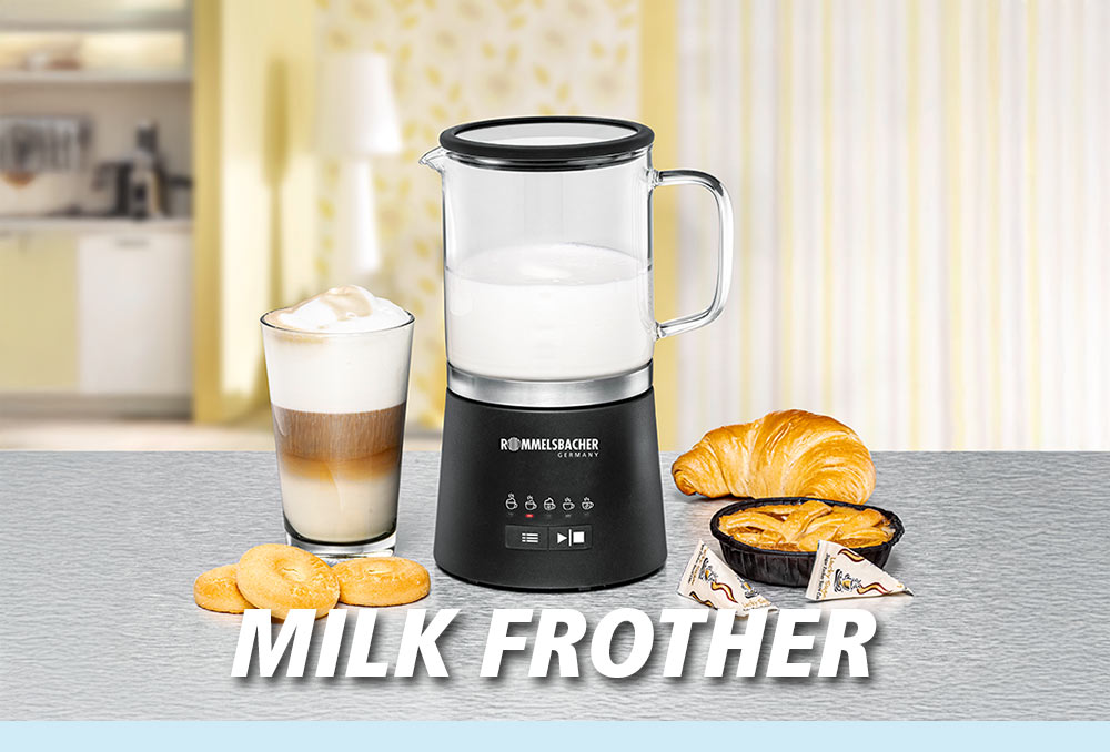 An electric milk frother with a glass of latte macchiato and pastries such as a croissant and cookies next to it. The text in the image reads: “MILK FROTHER”.