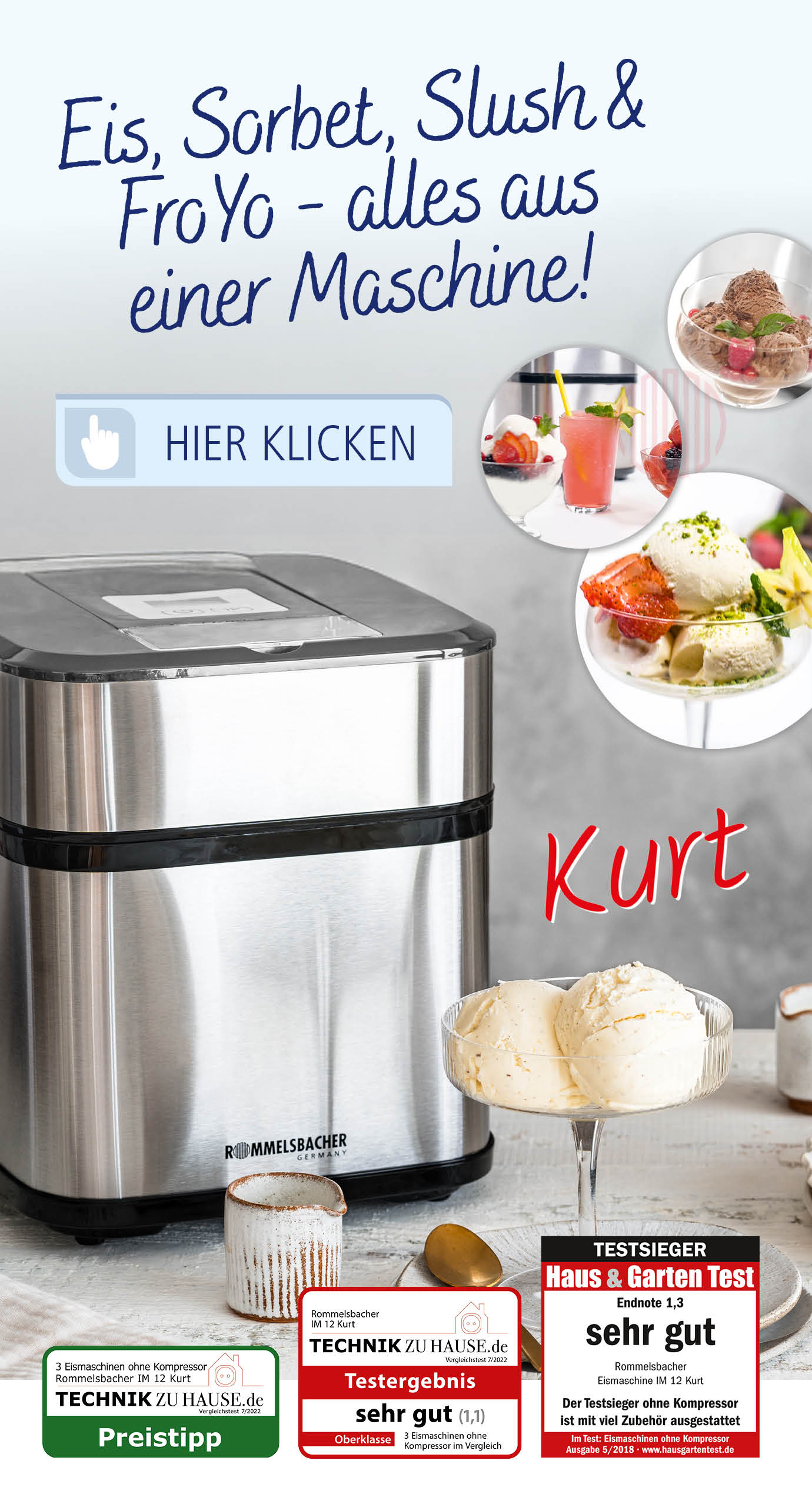 Website-Slider mit der Rommelsbacher Eismaschine IM 12 Kurt links im Bild. Im Vordergrund verschiedene Eis- und Dessertkreationen. Rechts Textaufschrift: „Eis, Sorbet, Slush & FroYo – alles aus einer Maschine!“, dazu Testsiegel sichtbar.