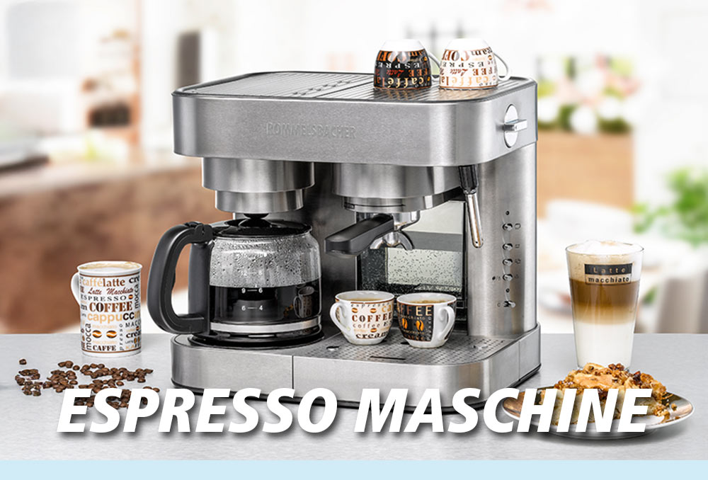 Eine silberne Espressomaschine mit mehreren Tassen Kaffee, darunter Latte und Espresso, daneben Kaffeebohnen und ein Keks. Im Bild steht in weißer Schrift: „ESPRESSO MASCHINE“.