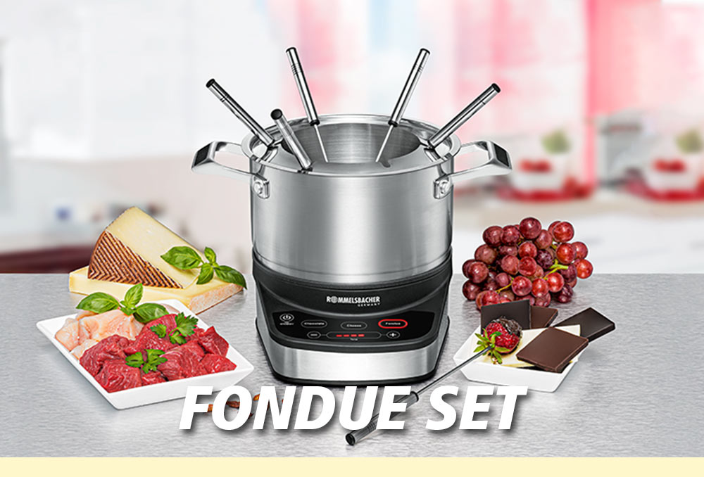 A stainless steel fondue set with several fondue forks, surrounded by ingredients like cheese, meat, herbs, grapes, and chocolate. The text in the image reads: “FONDUE SET”.