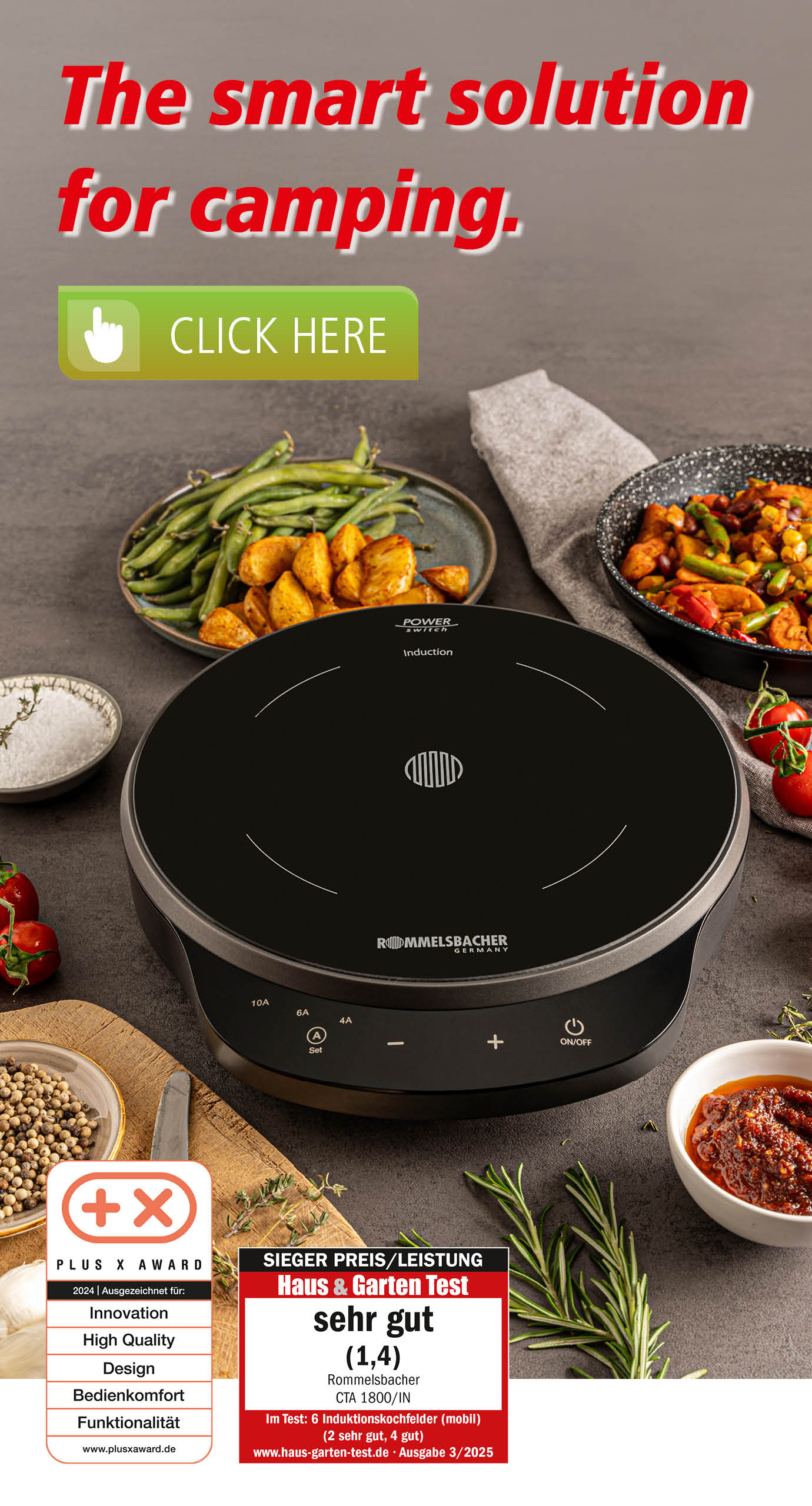 Rommelsbacher induction hob CTA 1800/IN on a countertop, surrounded by fresh ingredients and spices. Slogan: “The smart solution for camping”. Test seals such as “Haus & Garten Test – very good (1.4)” visible.