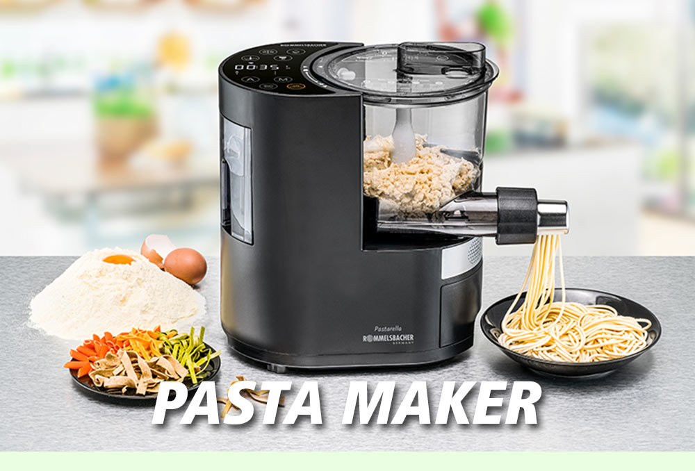 A black pasta maker with transparent cover, pressing out freshly made spaghetti. Next to it are flour, eggs, and various types of pasta. The text in the image reads: “PASTA MAKER”.