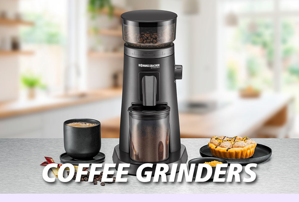 Electric coffee grinder with a black housing, filled with coffee beans and ground coffee in the container. Next to it are a cup of coffee, coffee pads, and a plate with cake. The image features white text that reads: “COFFEE GRINDERS”.
