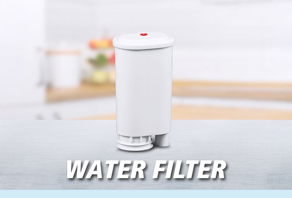 A white water filter with a simple shape on a table. The text in the image reads: “WATER FILTER”.