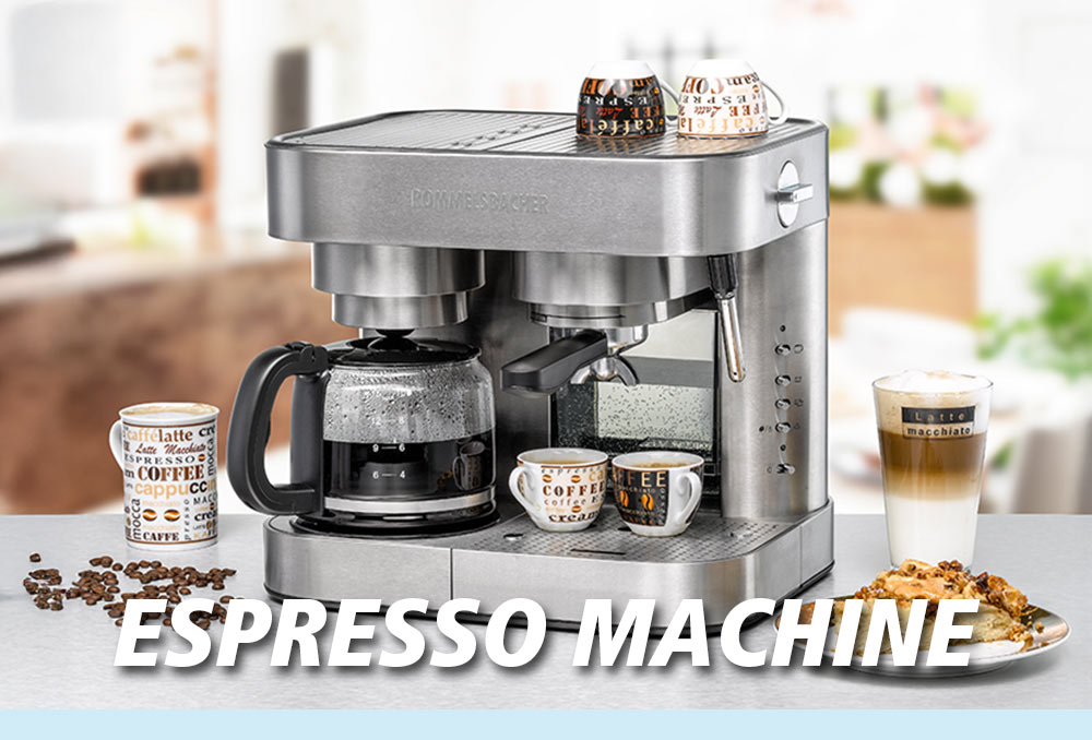 A silver espresso machine with several coffee cups, including latte and espresso, next to coffee beans and a cookie. The text in the image reads: “ESPRESSO MACHINE”