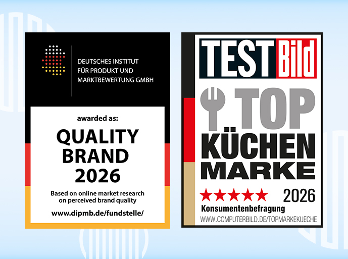 Two awards side by side: On the left, a badge reading “Quality Brand 2026” from the German Institute for Product and Market Evaluation. On the right, a TESTBild badge labeled “Top Kitchen Brand 2026” with five red stars.