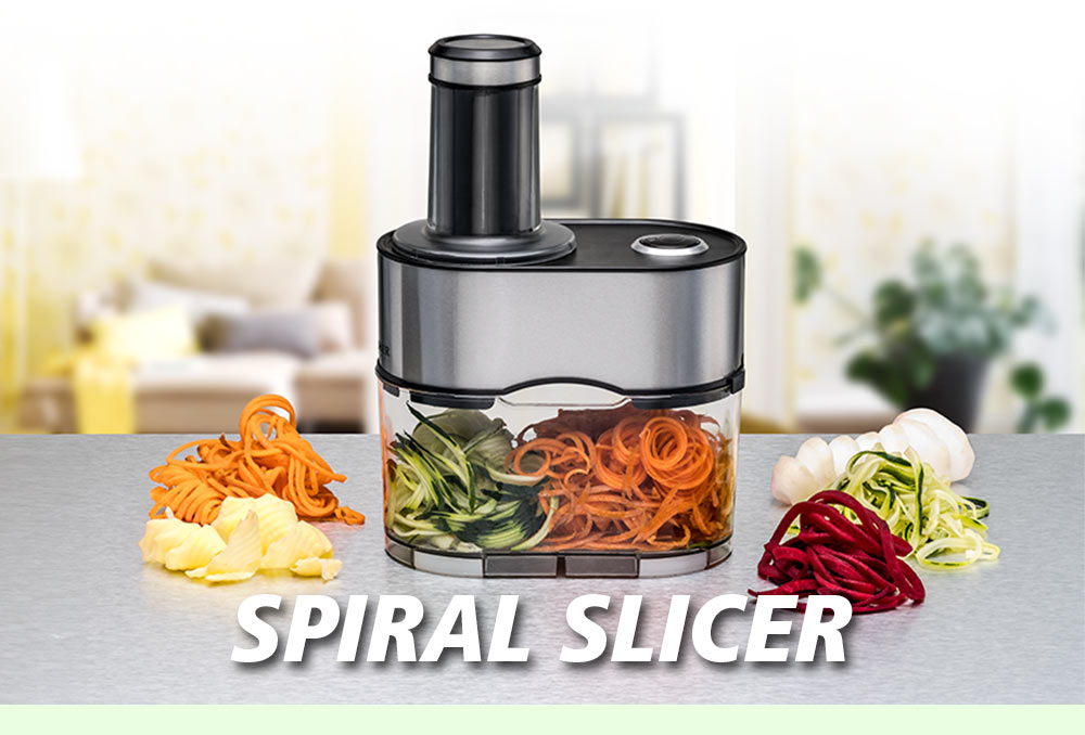 An electric spiral slicer with a transparent container filled with spiral-cut vegetables such as zucchini, carrots, and beetroot. On both sides, additional cut vegetable strips are placed. The text in the image reads: “SPIRAL SLICER”.
