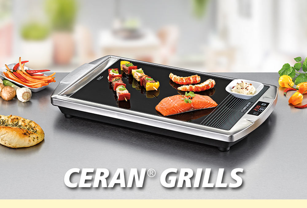 A rectangular Ceran® grill with a black grilling surface, topped with fish fillet, vegetable skewers, and pieces of meat. On the left are vegetable ingredients like bell pepper, mushrooms, and bread. The text in the image reads: “CERAN® GRILLS”.