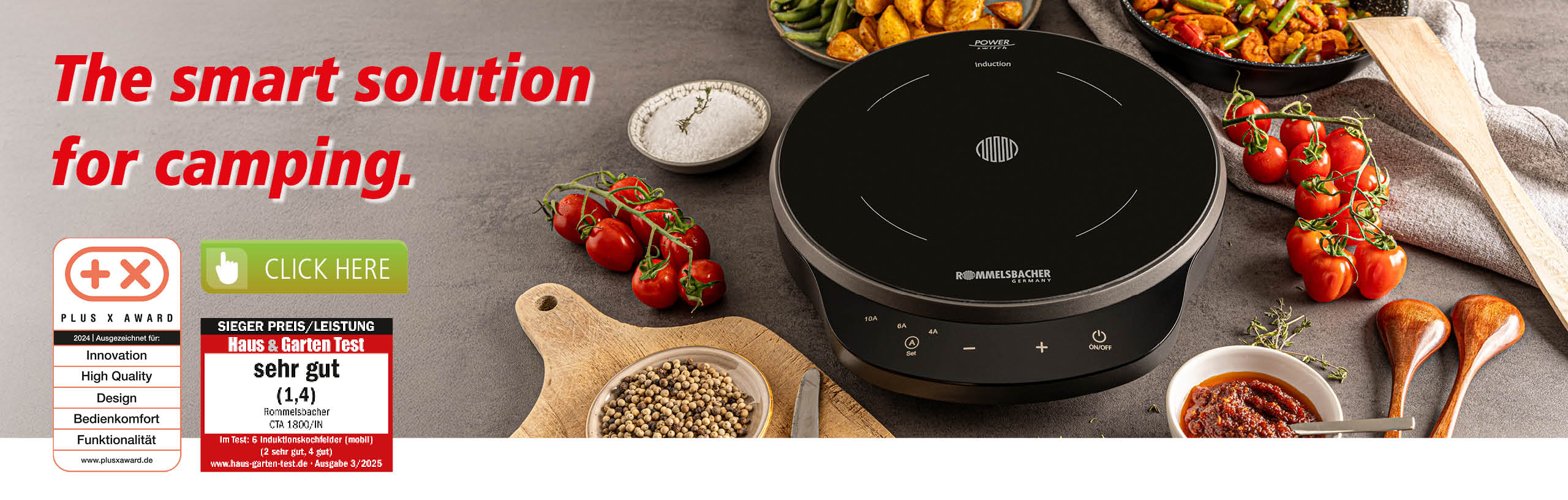 Rommelsbacher induction hob CTA 1800/IN on a countertop, surrounded by fresh ingredients and spices. Slogan: “The smart solution for camping”. Test seals such as “Haus & Garten Test – very good (1.4)” visible.