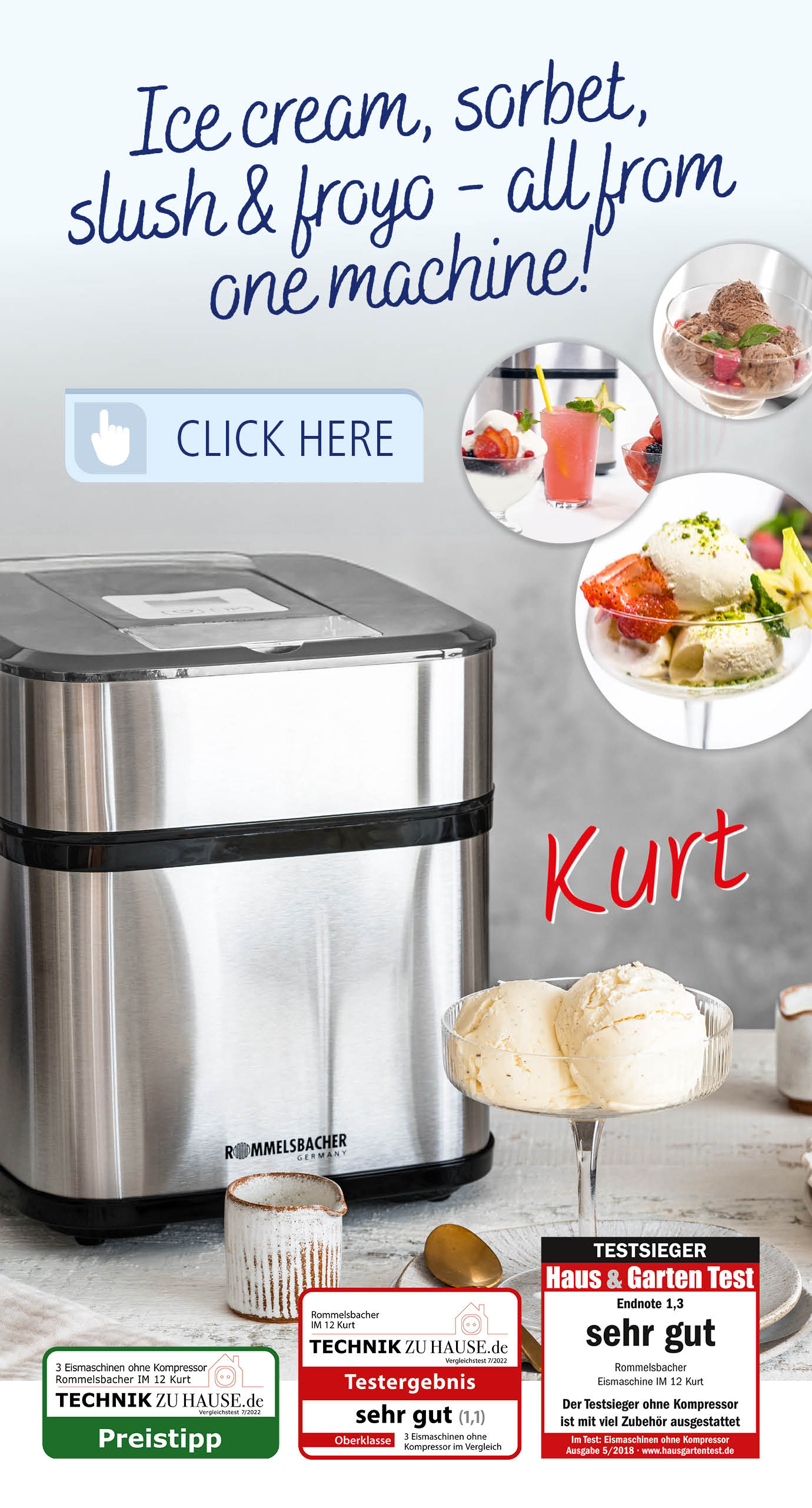 Website slider featuring the Rommelsbacher ice cream maker IM 12 Kurt on the left. In the foreground various ice cream and dessert creations. On the right, the text: “Ice cream, sorbet, slush & froyo – all from one machine!”, with visible test seals.