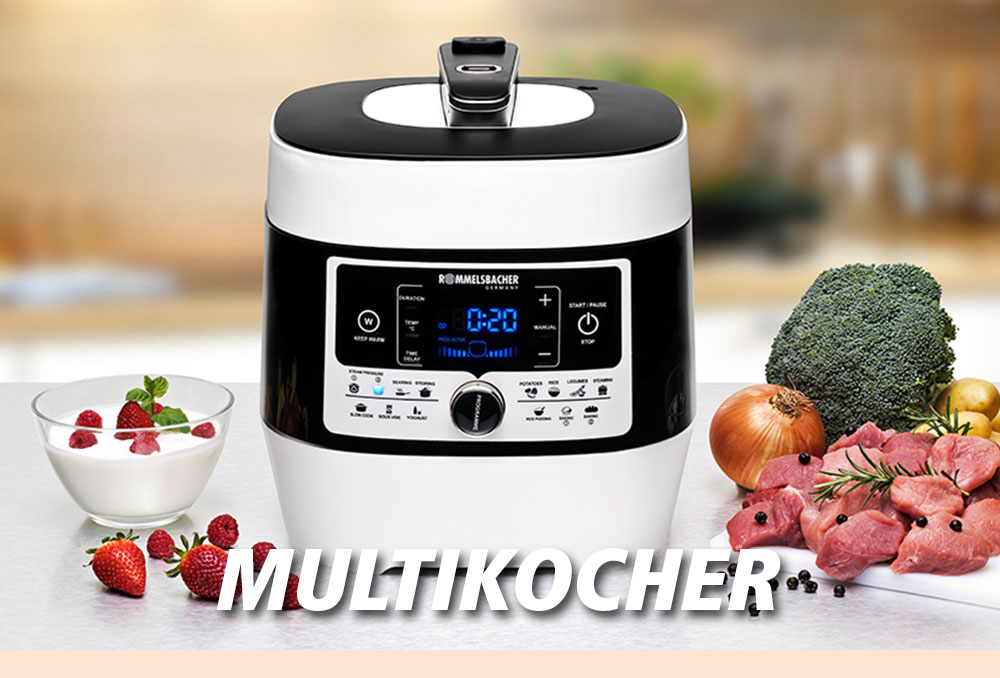 Ein weiß-schwarzer Multikocher mit digitalem Display und Bedienelementen auf der Vorderseite. Daneben eine Schüssel Joghurt mit Erdbeeren, frisches Gemüse und rohes Fleisch. Im Bild steht in weißer Schrift: „MULTIKOCHER“.