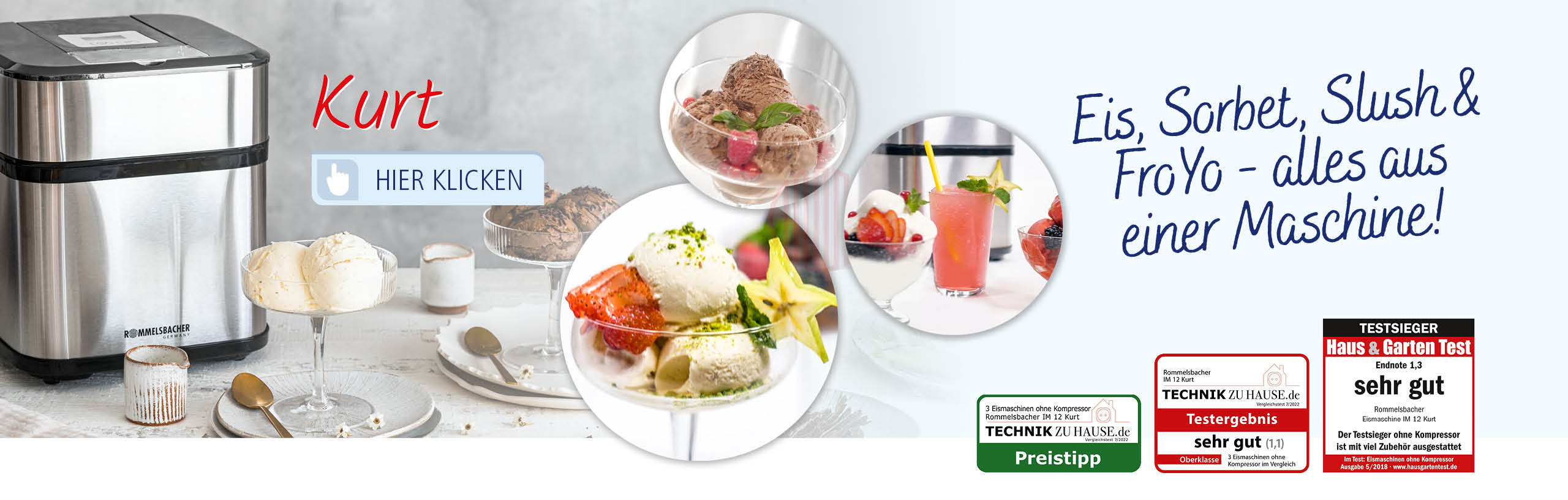 Website-Slider mit der Rommelsbacher Eismaschine IM 12 Kurt links im Bild. Im Vordergrund verschiedene Eis- und Dessertkreationen. Rechts Textaufschrift: „Eis, Sorbet, Slush & FroYo – alles aus einer Maschine!“, dazu Testsiegel sichtbar.